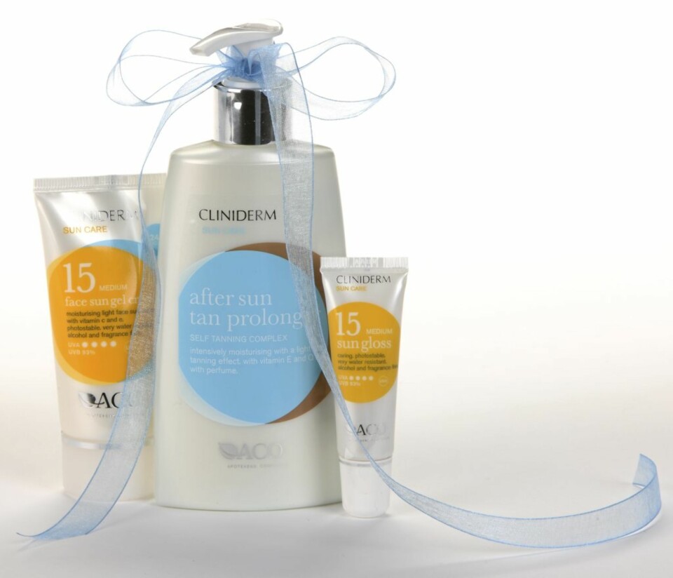 GAVE TIL DEG: Alle som deltar på reisen, får et sett med Cliniderm-produkter: Sun Gloss spf 15, After Sun Tan Prolonger og Face Sun Gel Cream spf 15. Produktene har en samlet verdi på 316 kroner. (Foto: Petter Berg/HM Foto)