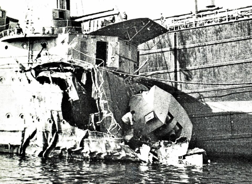 SPRENGT: Destroyeren ''Eskimo'' var et ynkelig skue da den kom til Skjelfjord for andre gang. Hele forskipet var sprengt vekk.