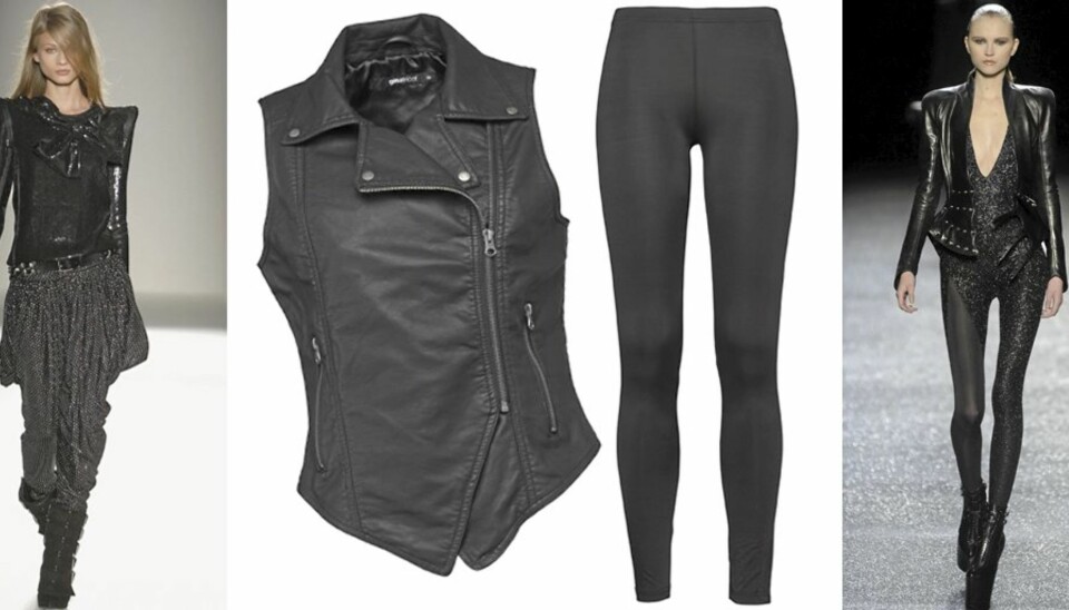 ROCKA STIL: Fra Balmain og Nina Ricci sin motevisning. Vest i imitert skinn fra Gina Tricot (kr 499) og tights fra Lindex (kr 149).