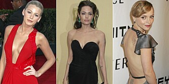 FESTFIN: Blake Lively, Angelina Jolie og Christian Ricci i kjoler som gir utfordringer til undertøyet.