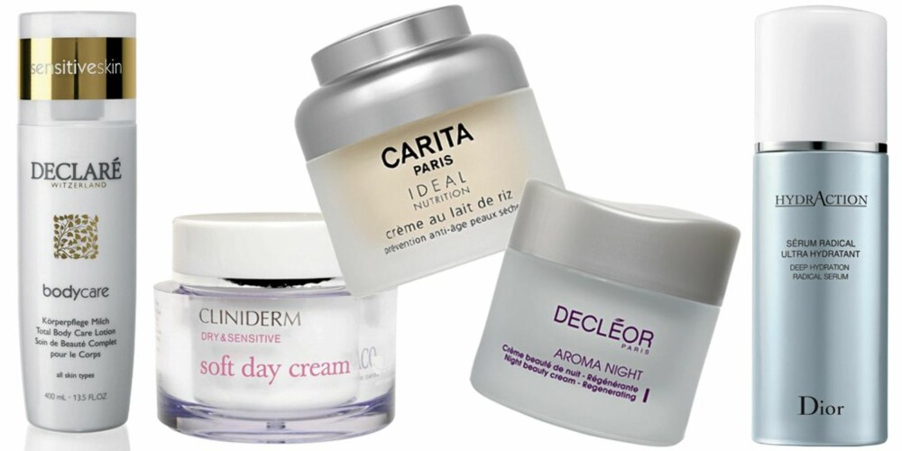 FRA VENSTRE: Declaré Total Body Care Lotion (kr 195), Cliniderm Soft Day Cream (kr 164,50), Carita Ideal Nutrition Rice Cream (kr 890), Decléor Aroma Night Regenerating (kr 698), Dior HydrAction serum (kr 680).