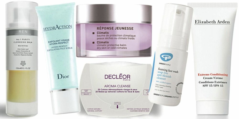 FRA VENSTRE: REN No. 1 Purity Cleansing Balm (kr 495), Dior HydrAction Hydra-respect Exfoliating Face Scrub (kr 335), Matis Climatis Climatic Protective Balm (kr 589), Decléor Makeup Removal Pads (kr 129), Green people Foaming Facial Wash (kr 198), Elizabeth Erden Extreme Condition Cream (kr 425). FRA VENSTRE: REN No. 1 Purity Cleansing Balm (kr 495), Dior HydrAction Hydra-respect Exfoliating Face Scrub (kr 335), Matis Climatis Climatic Protective Balm (kr 589), Decléor Makeup Removal Pads (kr 129), Green people Foaming Facial Wash (kr 198), Elizabeth Erden Extreme Condition Cream (kr 425).