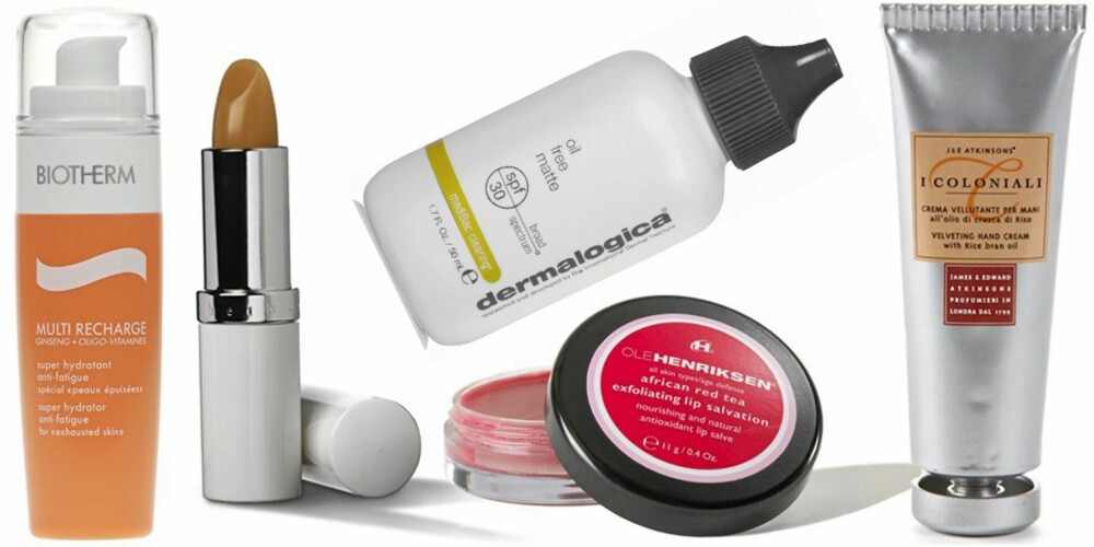 FRA VENSTRE: Biotherm Multi Recharge Super Hydrater med SPF 15 (kr 460), Elizabeth Arden Eight Hour Cream Lip Protectant Stick med SPF 15 (kr 200), Dermalogica Oil Free Matt med SPF 30 (kr 690), Ole Henriksen African Red Tea Exfoliating LIp Salvation (kr 220), I Colonial Velveting Hand Cream (kr 99).