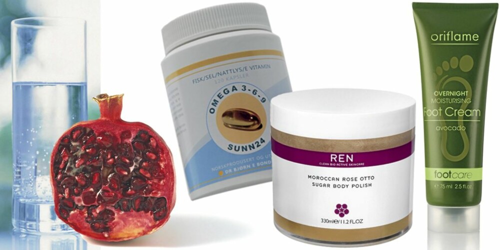 FRA VENSTRE: Tilfør kroppen fuktighet ved hjelp av vann og for eksempel granateple. Sunn24 Omega 3-6-9 (kr 359), REN Moroccan Rose Otto Sugar Body Polish (kr 495), Oriflame Overnight Moisturising Foot Cream (kr 99). FRA VENSTRE: Tilfør kroppen fuktighet ved hjelp av vann og for eksempel granateple. Sunn24 Omega 3-6-9 (kr 359), REN Moroccan Rose Otto Sugar Body Polish (kr 495), Oriflame Overnight Moisturising Foot Cream (kr 99).