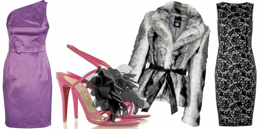 FRA VENSTRE: Rosa kjole fra Ellos (kr 299), partysko med fjær fra Christian Louboutin/Net-a-porter (ca. kr 5600), fuskepels fra Cubus (kr 699), blondekjole fra Mango (kr 599). FRA VENSTRE: Rosa kjole fra Ellos (kr 299), partysko med fjær fra Christian Louboutin/Net-a-porter (ca. kr 5600), fuskepels fra Cubus (kr 699), blondekjole fra Mango (kr 599).