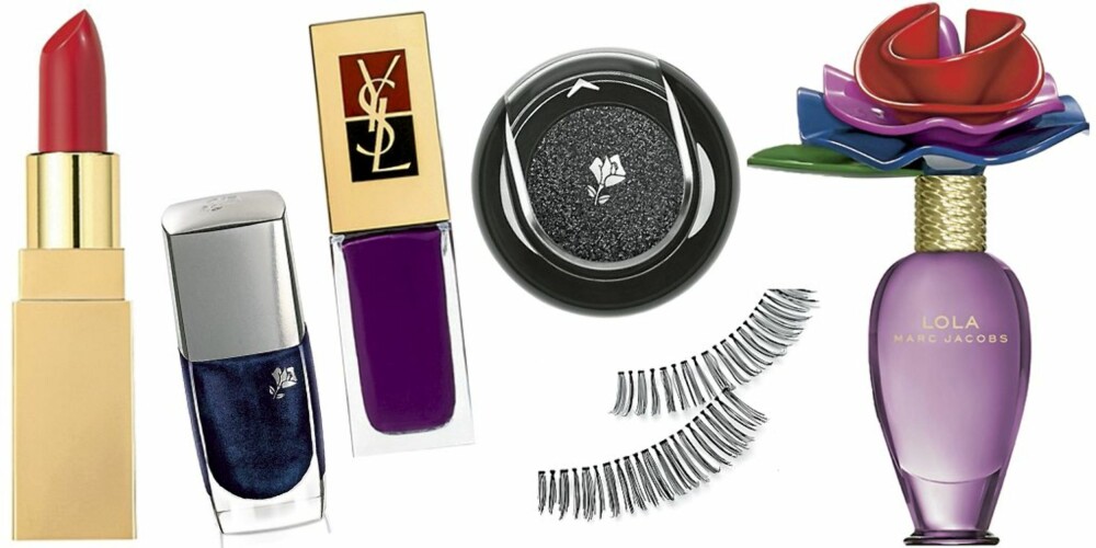 FRA VENSTRE: YSL Rouge Pur leppestift nr. 150 (kr 245), neglelakk fra Lancôme Le Vernis (kr 130), YSL La Laque neglelakk nr. 34 (kr 190), Lancôme color design
black (kr 170), løsvipper fra Makeup Store (kr 105), parfymen Lola fra Marc Jacobs (kr 585/50ml).