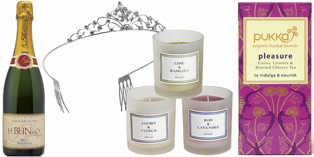 FRA VENSTRE: Blin Brut Tradition Champagne (kr 220), tiara fra Glitter (kr 249), Duftlys fra Åhléns (kr 39 per stk), Pukka te (kr 49). FRA VENSTRE: Blin Brut Tradition Champagne (kr 220), tiara fra Glitter (kr 249), Duftlys fra Åhléns (kr 39 per stk), Pukka te (kr 49).