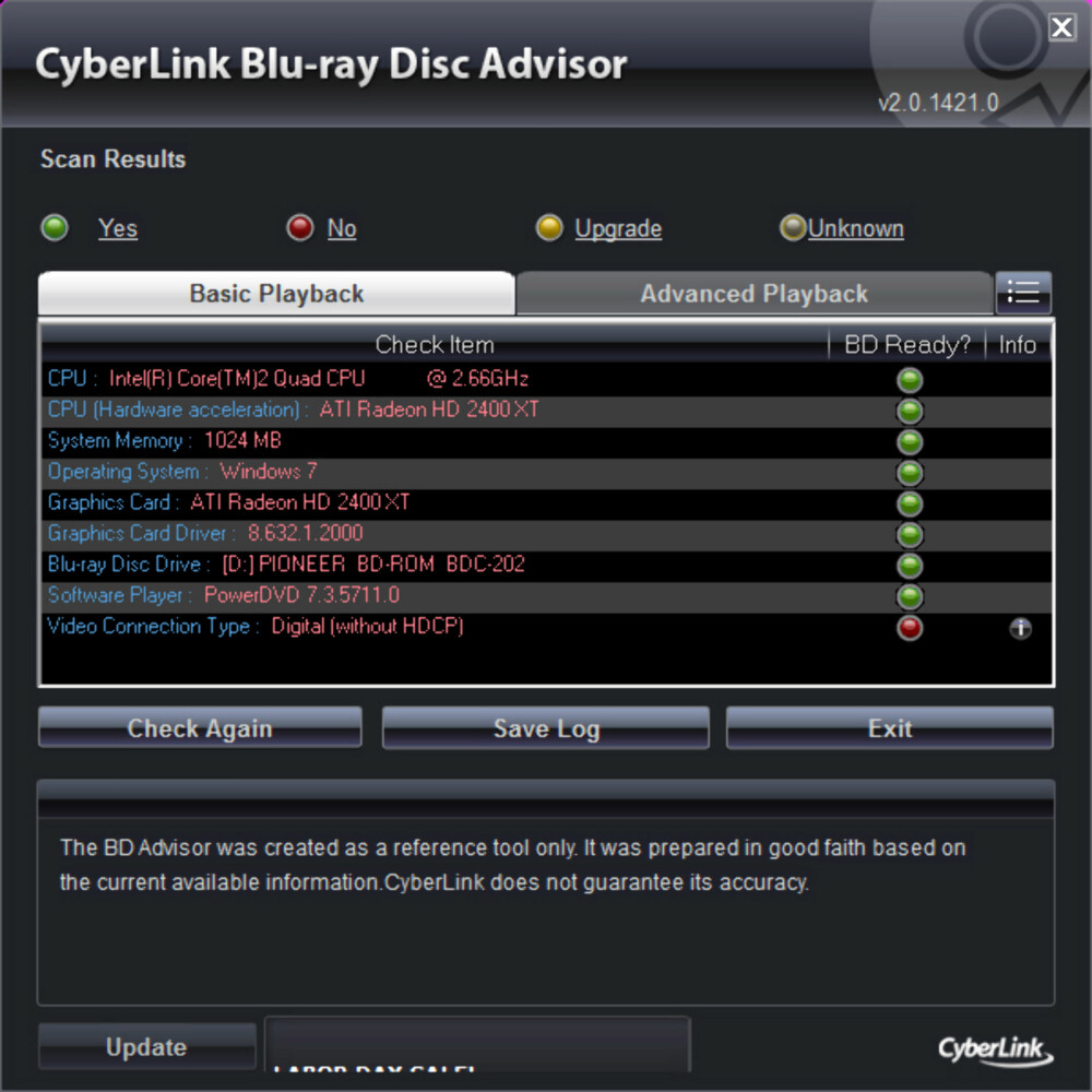 HDCP-TRØBBEL: Cyberlinks BD Advisor forteller at tilkoblingen til skjermen ikke støtter HDCP.