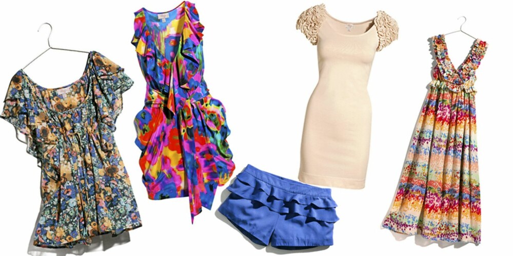 FRA VENSTRE: Tunika (kr 299), kjole (kr 399), blå shorts (kr 249), kjole med markante skuldre (kr 249), mønstrete kjole (kr 499).