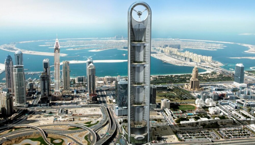 PROPELLHOTELL: Skyskraperen Anara Tower i Dubai kommer til å bli et av verdens mest luksuriøse byggverk. Legg merke til propellen i toppen - glasskulen i midten skal bli restaurant.