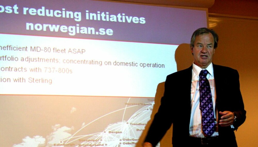 STRATEGISK SAMARBEID: Administrerende direktør i Norwegian, Bjørn Kjos, offentliggjorde samarbeidet med Sterling på en pressekonferanse i dag. Samarbeidet er ett av flere tiltak for å få ned utgiftene til lavprisselskapet.