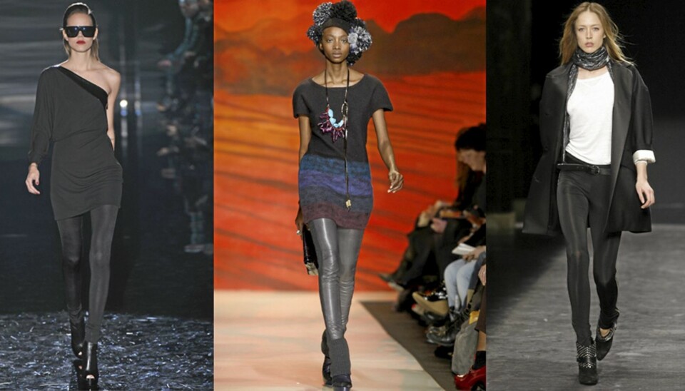 TREND: Tightsen preger vinterens motebilde også på catwalken. Fra venstre: Gucci, Diane Von Furstenberg og Isabel Maran.