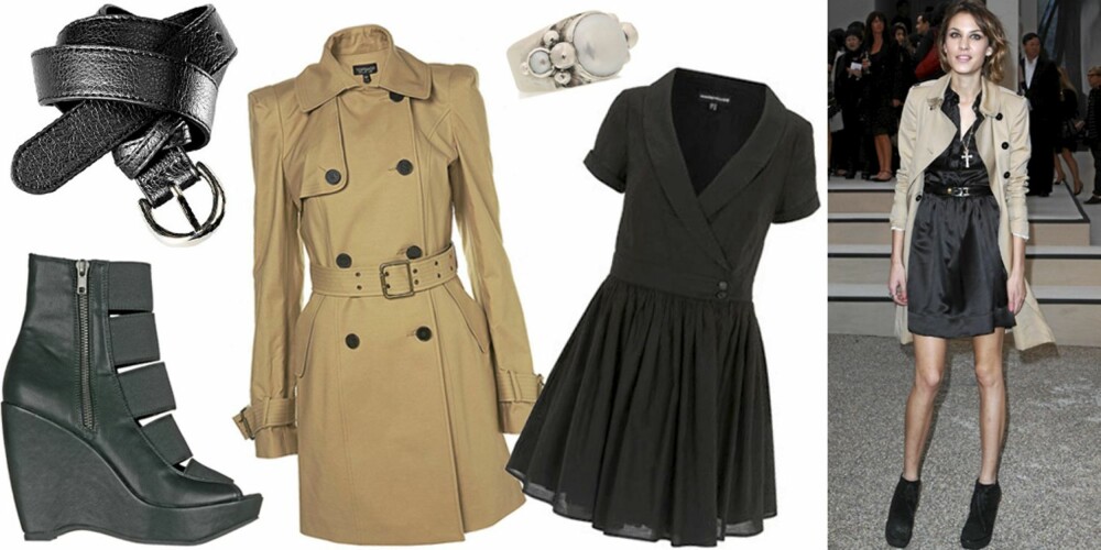 FRA VENSTRE: Sko med kilehæl fra Din Sko (kr 499), belte fra H&M (kr 79,50), trenchcoat fra Topshop (kr 885), ring fra Kum Kum (kr 1249), kjole fra Warehouse (kr 419). FRA VENSTRE: Sko med kilehæl fra Din Sko (kr 499), belte fra H&M (kr 79,50), trenchcoat fra Topshop (kr 885), ring fra Kum Kum (kr 1249), kjole fra Warehouse (kr 419).