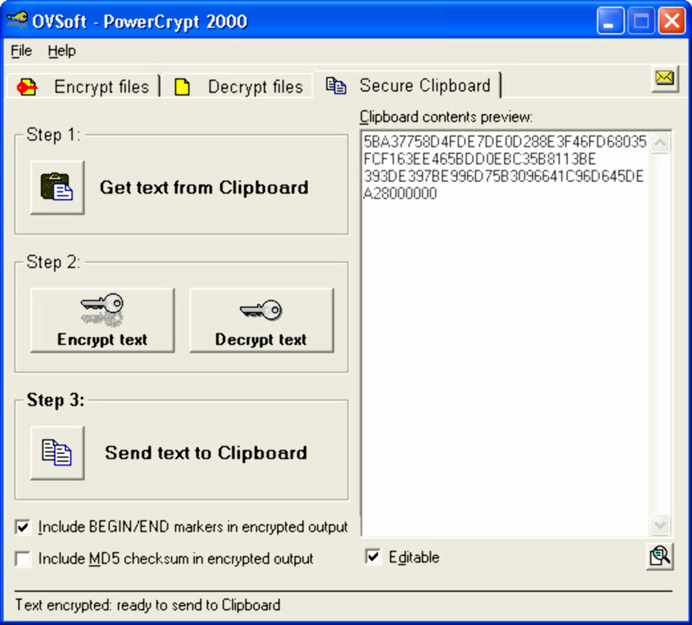 TEKST: PowerCrypt 2000 kan ikke bare kryptere filer, den kan også kryptere tekst på en rask og grei måte.