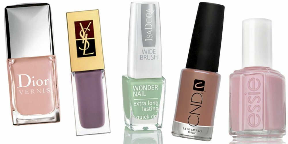 FRA VENSTRE: Dior Vernis nr. 184 Pink Ballet (kr 200), YSL La Laque nr. 143 (kr 190), IsaDora Wonder Nail nr. 619 Vintage Mint (kr 79), CND Desert Suede (kr 159), Essie Pop Art Pink (kr 119).