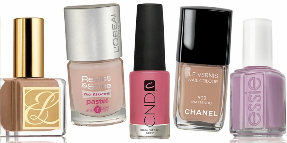 FRA VENSTRE: Estée Lauder Hollywood Gold (kr 195), L'Oréal Resist og Shine Pro-Keratine Pastel nr. 103 (kr 115), CND Sweet (kr 159), Chanel Le Vernis Inattendu (kr 210), Essie Neo Whimsical (kr 119).