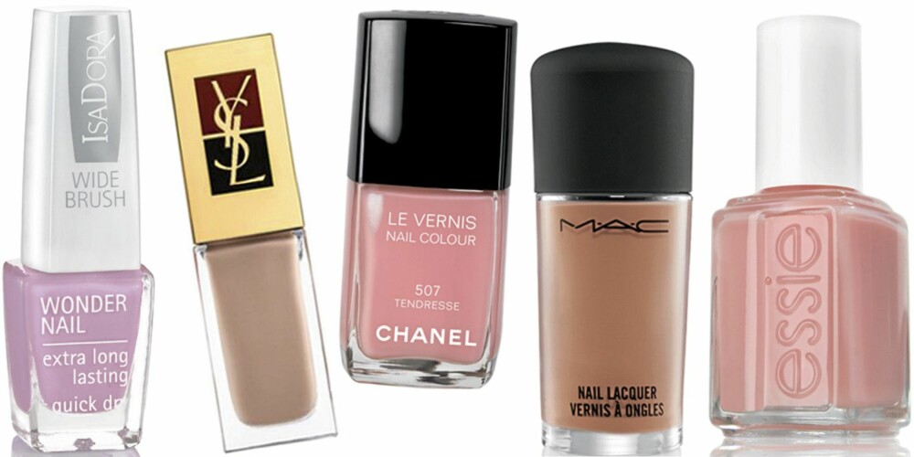 FRA VENSTRE: IsaDora Wonder Nail Bardot Pink (kr 79), YSL La Laque nr. 41 (kr 190), Chanel Le Vernis Tendresse (kr 210), MAC Abalone Shell (kr 120), Essie Van D'Go (kr 119).