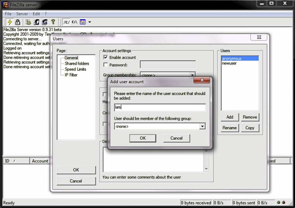 FTP-SERVER: FTP-serveren FileZilla følger med innbakt i Xampp. Her kan du lage og legge til egne brukere med brukernavn og passord.
