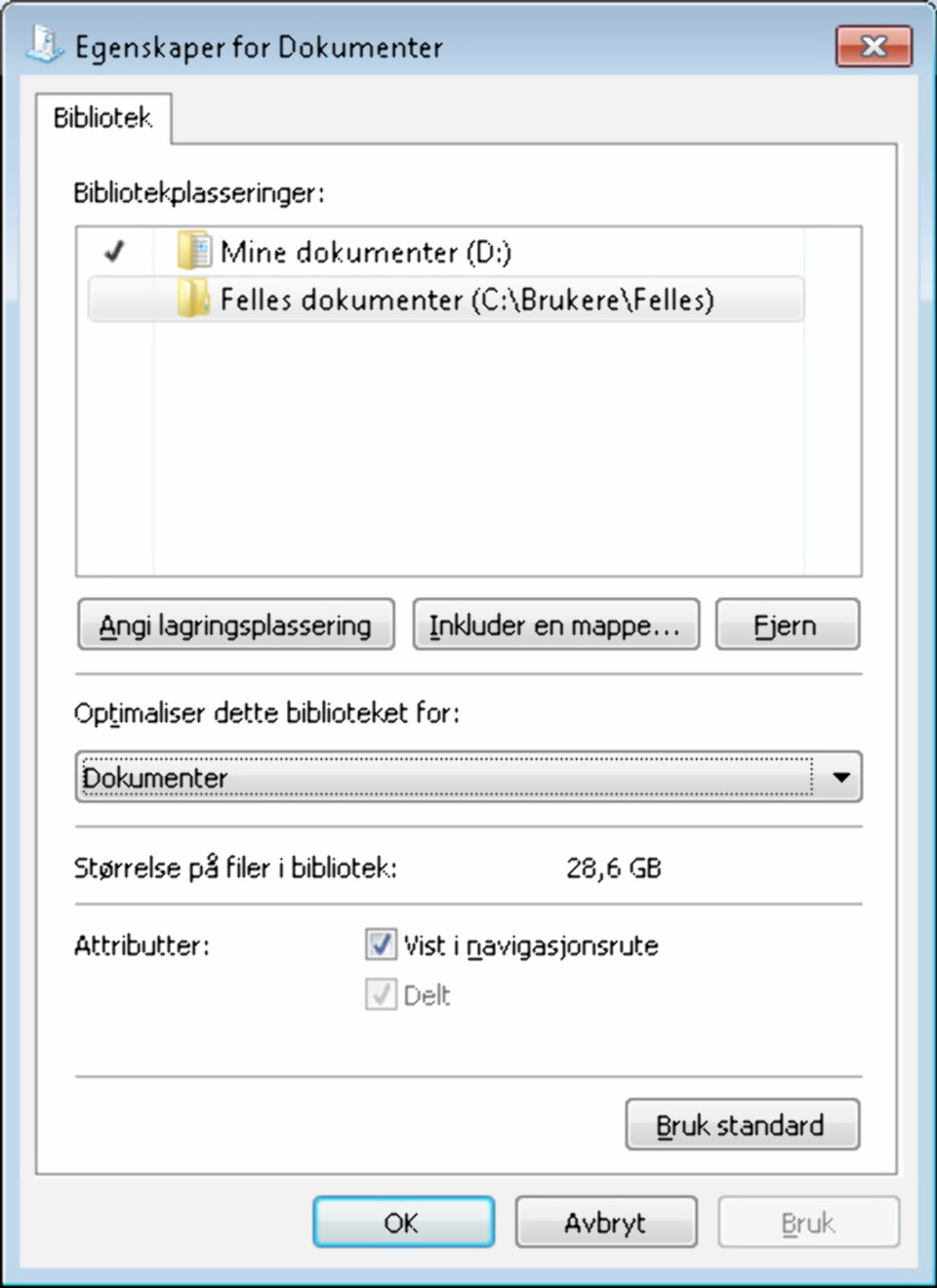 INNSTILLINGER: Under egenskaper kan du legge til nye mapper til et bibliotek, og velge hvilken mappe som skal være standard lagringsmappe.
