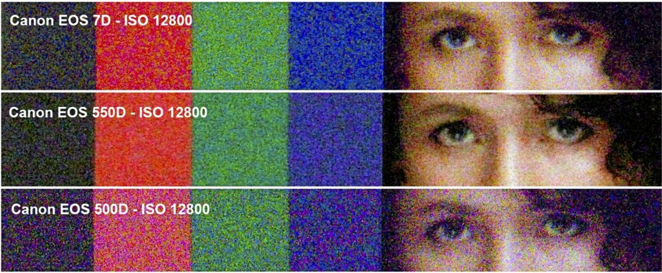Utdrag fra testplakat av Canon EOS 7D, 550D og 500D ved ISO 12800.