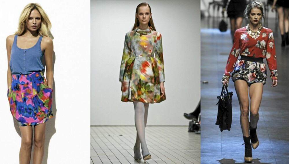 BLOMSTER: Designerne viser sine blomstrende kolleksjoner. Fra venstre: H&M Garden Collection, Erdem og Dolce og Gabbana.