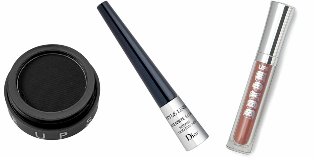 FRA VENSTRE: Makeupstore Cake Eyeline (kr 145), Dior Style Liner våt eyeliner (kr 275), Bare Minerals Buxom Lips i fargen Bambi (kr 299).