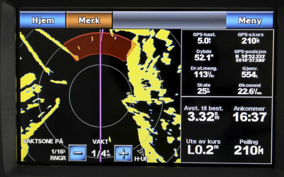 Garmin 720s har forenklede radarfunksjoner, men fortsatt mulighet for varslingssone ¿ som utvides eller flyttes med fingeren, så klart.