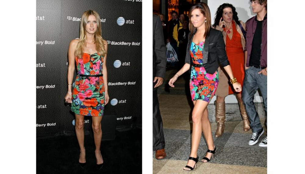 BLOMSTERPIKER: Både Nicky Hilton og Ashley Tisdale har kledd seg i den blomstrede kjolen fra Hennes & Maurutz.