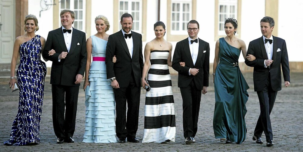 KOLLEGER: Her er tronfølgerparene fra Nederland  (Maxima og Willem-Alexander), Norge (Mette-Marit og Haakon), Sverige (Victoria og hennes Daniel Westling) og Danmark (Mary og Frederik).