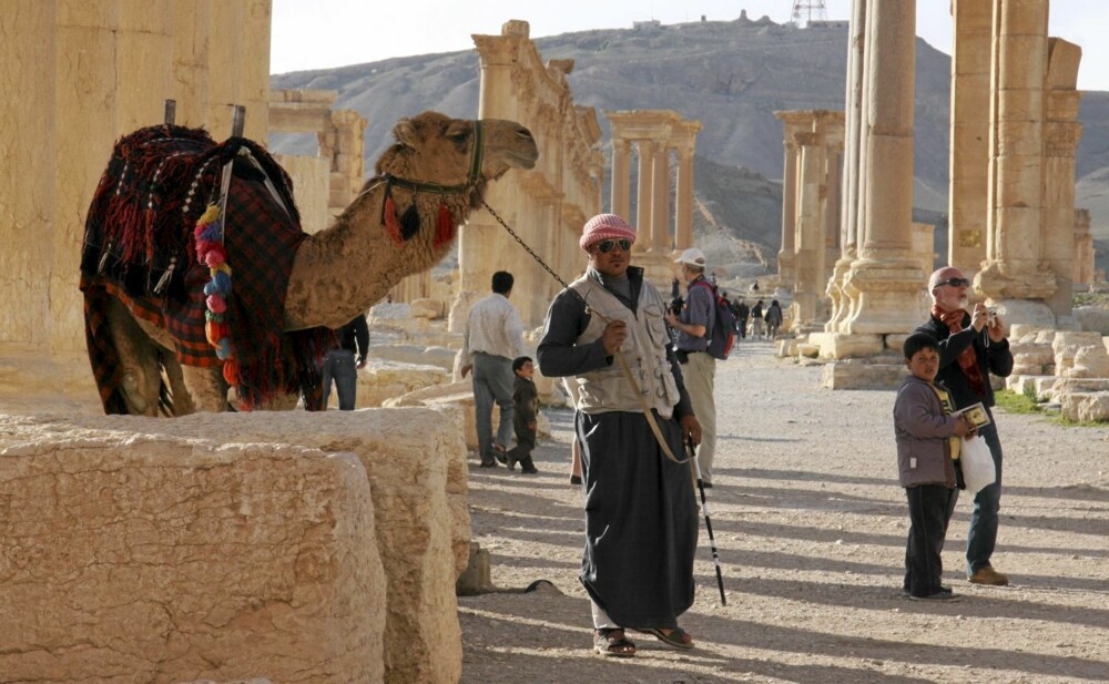 PALMYRA: Mellom søyler og tempelruiner i Palmyra får turistene tilbud om å ri på kameler.