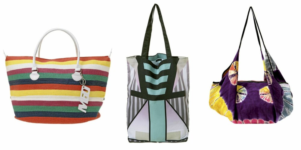 FRA VENSTRE: Fargerike striper fra Miss Sixty (kr 636), geometrisk mønster fra Topshop (kr 117), lilla batikkbag fra Asos.
