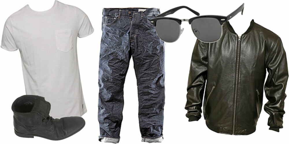 FRA VENSTRE: T-skjorte fra Jack og Jones (kr 199), sko fra Topman (kr 1188), bukse fra HogM (kr 399), solbriller fra Asos (kr 95), jakke fra Human Scales (kr 2599).