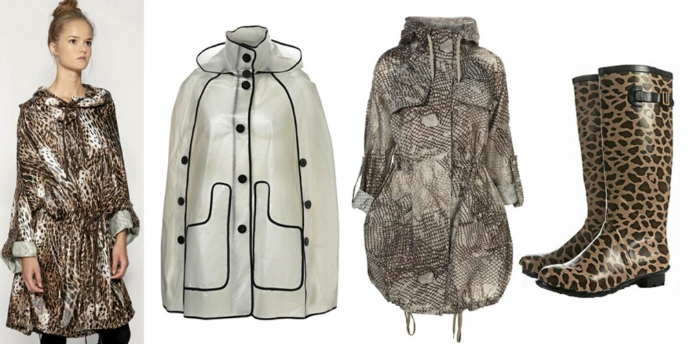 FRA VENSTRE: Lang regnfrakk med leopardprint fra Pushbutton (kr 1426), gjennomsiktig regnjakke (kr 522), kamuflasjemønstrete pac-a-parka, som kan pakkes sammen til en liten veske (kr 266) og støvler med leopardprint (kr 190), alt fra Topshop. FRA VENSTRE: Lang regnfrakk med leopardprint fra Pushbutton (kr 1426), gjennomsiktig regnjakke (kr 522), kamuflasjemønstrete pac-a-parka, som kan pakkes sammen til en liten veske (kr 266) og støvler med leopardprint (kr 190), alt fra Topshop.