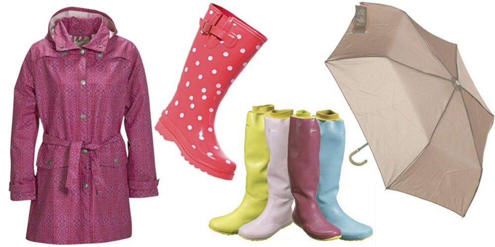 FRA VENSTRE: Rosa regnfrakk fra Ellos (kr 239,50), rosa støvler med hvite prikker fra Cath Kidston (kr 361), støvler med vrangbord i ulike farger fra Ellos (kr 1099), paraply fra Topshop (kr 95,50). FRA VENSTRE: Rosa regnfrakk fra Ellos (kr 239,50), rosa støvler med hvite prikker fra Cath Kidston (kr 361), støvler med vrangbord i ulike farger fra Ellos (kr 1099), paraply fra Topshop (kr 95,50).