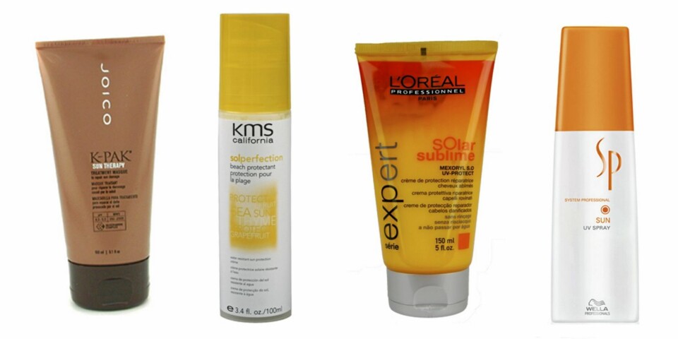 Fra venstre: Joico K-pak Sun Therapy (kr 147), KMS California Sol Perfection Beach Protectant (kr 154), Loreal Professionnel Solar Sublime UV-Protect (kr 139) og Wella System Professional Sun UV-Spray (kr 249).