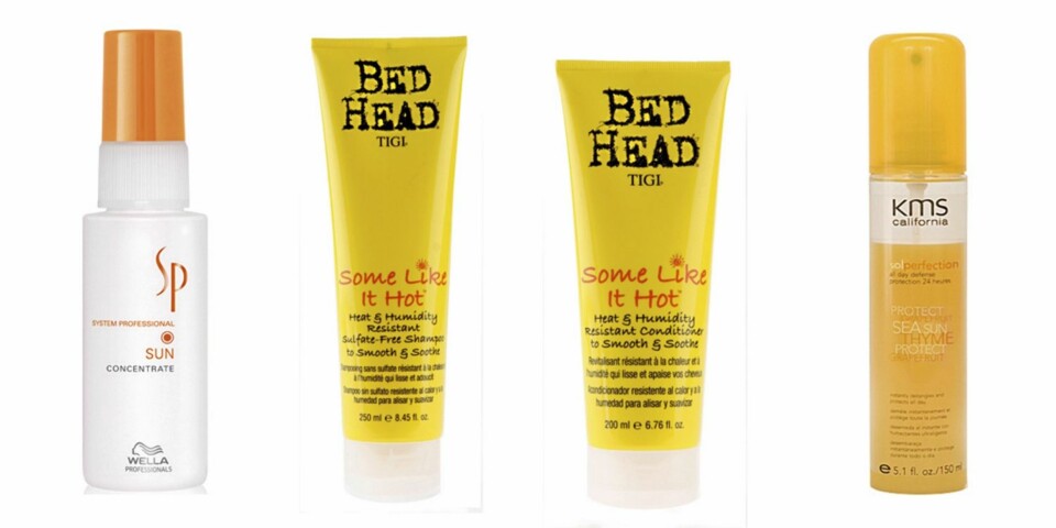 Fra venstre: Wella System Professional Sun Concentrate (kr 249), Tigi Bed Head Som Like It Hot Shampoo (kr 129), Tigi Bed Head Some Like It Hot Conditioner (kr 139) og KMS California Sol Perfection All Day Defence (kr 159).