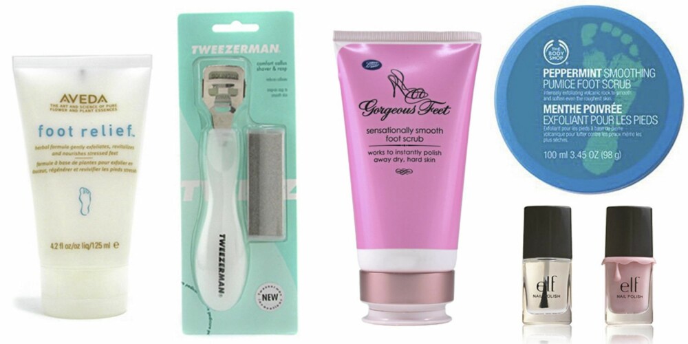 FRA VENSTRE: Aveda Foot Relief Cream (kr 188), Tweezerman Comfort Callus Shaver and Rasp (kr 92), Gorgeous Feet Sensationally Smooth Foot Scrub (kr 69), The Body Shop Peppermint Smoothing Foot Scrub (kr 149), Elf neglelakk (kr 14) og Elf neglelakk (kr 14).