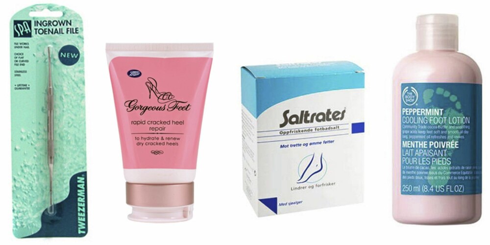 FRA VENSTRE: Tweezerman Ingrown Toe Nail File (kr 106), Gorgeous Feet Rapid Cracked Heel Repair (kr 79), Saltrates Oppfriskende Fotbadsalt (kr 84) og The Body Shop Peppermint Cooling Foot Lotion (kr 149).