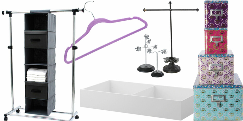 SMART OPPBEVARING: Bred tøyhylle i canvas fra Granit (kr 249), sett med fem kleshengere trukket i fløyel fra Åhlens (kr 99), Trondheim sengeskuff fra Ikea (kr 595), smykkestativ fra Housedoctor (fra kr 75 til kr 195), sette med bokser fra Housedoctor (kr 750). SMART OPPBEVARING: Bred tøyhylle i canvas fra Granit (kr 249), sett med fem kleshengere trukket i fløyel fra Åhlens (kr 99), Trondheim sengeskuff fra Ikea (kr 595), smykkestativ fra Housedoctor (fra kr 75 til kr 195), sette med bokser fra Housedoctor (kr 750).