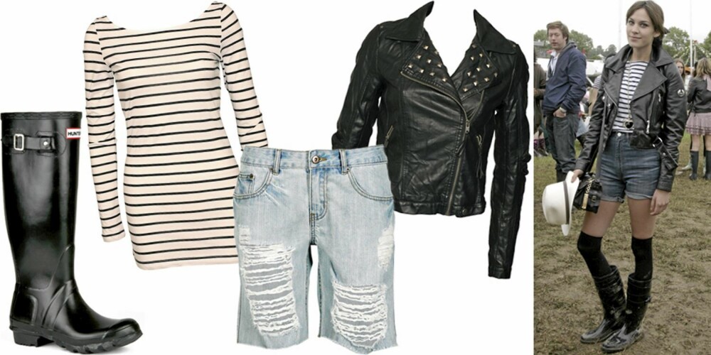 FRA VENSTRE: Støvler fra Hunter/Lille Vinkel Sko (kr 1198), stripete topp fra Only (kr 149), denimshorts fra Cubus (kr299), bikerjakke fra Vero Moda (kr 499). FRA VENSTRE: Støvler fra Hunter/Lille Vinkel Sko (kr 1198), stripete topp fra Only (kr 149), denimshorts fra Cubus (kr299), bikerjakke fra Vero Moda (kr 499).