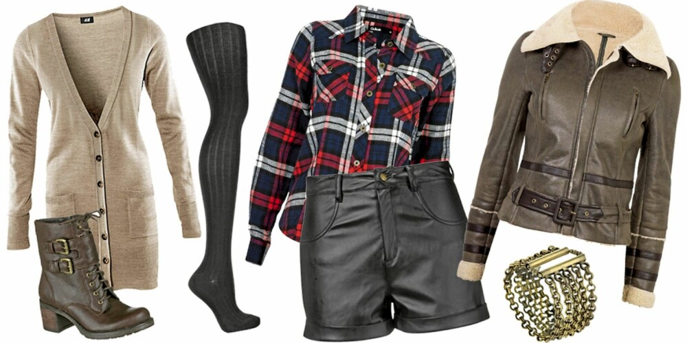 FRA VENSTRE: Kardigan fra H&M (kr 199), sko fra Skopunkten (kr 349), strømpebukser fra Falke (kr 280), skjorte fra Cubus (kr 199), shorts fra Gina Tricot (kr 249), jakke fra Cubus (kr 599), armbånd fra Topshop (kr 112). FRA VENSTRE: Kardigan fra H&M (kr 199), sko fra Skopunkten (kr 349), strømpebukser fra Falke (kr 280), skjorte fra Cubus (kr 199), shorts fra Gina Tricot (kr 249), jakke fra Cubus (kr 599), armbånd fra Topshop (kr 112).