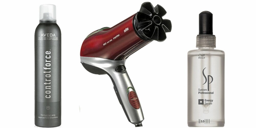 FRA VENSTRE: Aveda Control Force Hair Spray (kr 315), hårføner fra Braum (kr 599), Wella System Professionel Energy Serum (kr 279).