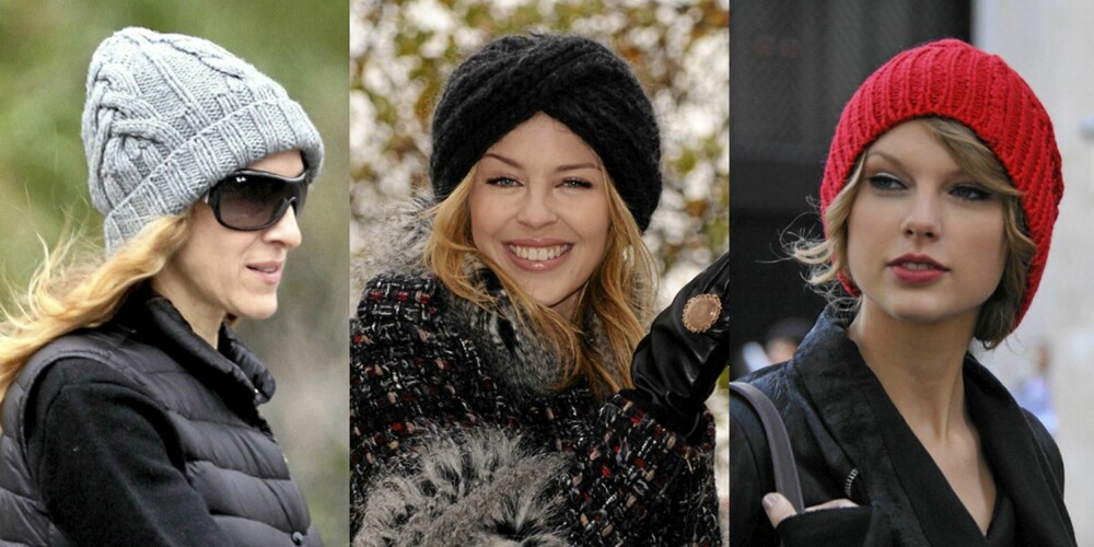 HODEPLAGG: Sara JEssica Parker, Kylie Minogue og Taylor Swift holder hodet varmt med en trendy lue.