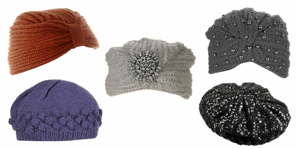 ØVERST FRA VENSTRE: Turbaninspirert lue fra Asos (kr 145, Turban med brosje fra Topshop (kr 170), turban med perler fra Topshop (kr 150), lilla strikkelua fra Topshop (kr 190) og paliettlue fra gina Tricot (kr 79). ØVERST FRA VENSTRE: Turbaninspirert lue fra Asos (kr 145, Turban med brosje fra Topshop (kr 170), turban med perler fra Topshop (kr 150), lilla strikkelua fra Topshop (kr 190) og paliettlue fra gina Tricot (kr 79).