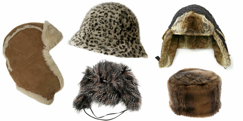 FRA VENSTRE: Skinnlue fra UGG (kr 1030), leopardhatt fra Zara (kr 199), lue med klaffer fra Barts (kr 649/Nelly.com), fuskepelslue fra Vero Moda (kr 249) og fuskepelshatt fra Asos (kr 187).