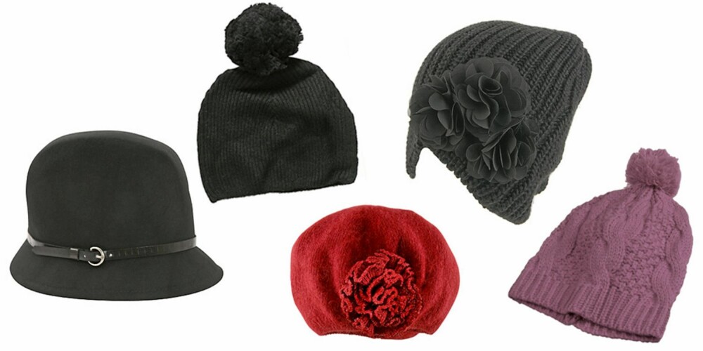 FRA VENSTRE: Ullhatt fra Filippa K (kr 699), lue med dusk fra Modström (kr 329/Nelly.com), rød lue fra HogM (kr 59,50), lue med blomst fra Forever 21 (kr 70) og rosa lue fra Gina Tricot (kr 79) FRA VENSTRE: Ullhatt fra Filippa K (kr 699), lue med dusk fra Modström (kr 329/Nelly.com), rød lue fra HogM (kr 59,50), lue med blomst fra Forever 21 (kr 70) og rosa lue fra Gina Tricot (kr 79)
