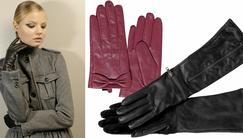 FRA VENSTRE: Backstage hos Max Mara, rosa hansker fra Gina tricot (kr 249), lange, svarte hansker fra Gestuz (kr 899).
