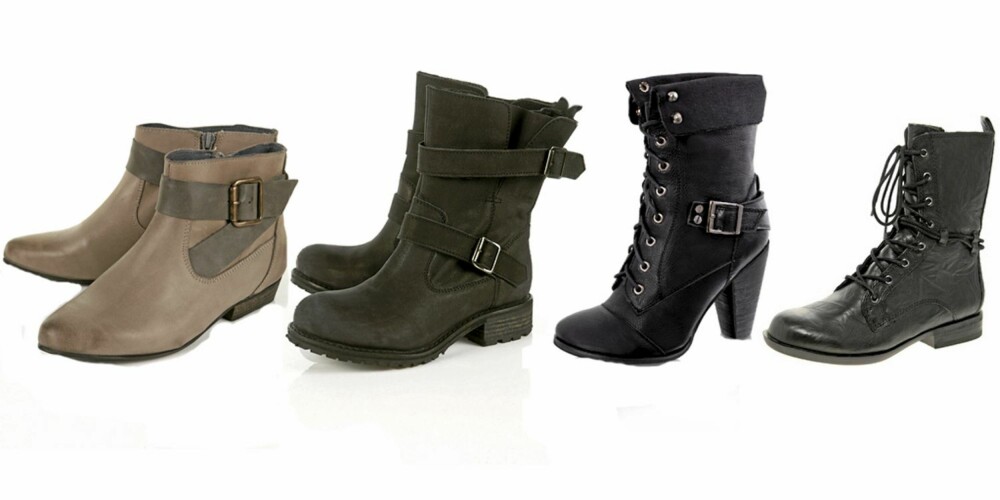 FRA VENSTRE: Boots fra Topshop (kr 650), boots fra Asos.com (kr 750), boots med hæl fra Nelly.com (kr 349), Boots fra Asos (kr 1403).