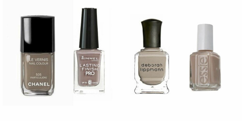 BEIGE: Chanel 505 Particuilêre (kr 180), Rimmel (kr 20), Deborak Lippmann (kr 60), Essie (kr 50) BEIGE: Chanel 505 Particuilêre (kr 180), Rimmel (kr 20), Deborak Lippmann (kr 60), Essie (kr 50)