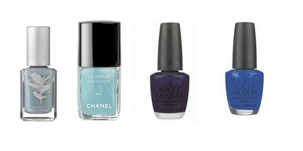 BLÅ: NYC Forget me not (kr 70), Chanel Riva (kr 210), O.P.I Marineblå (kr 139), O.P.I (kr 139) BLÅ: NYC Forget me not (kr 70), Chanel Riva (kr 210), O.P.I Marineblå (kr 139), O.P.I (kr 139)